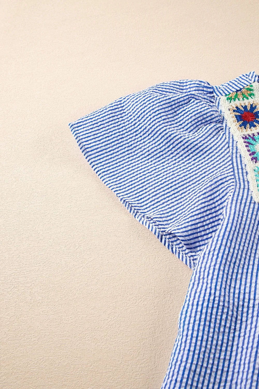 Women's Blouse Blue Stripe Floral Embroidered Square Neck Ruffle Short Sleeve 34f2cbfd-10ff-48bd-8118-10c4005e86ed-Max-Origin Trendsi