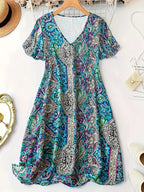 Plus Size Paisley Print V-Neck Short Sleeve Dress