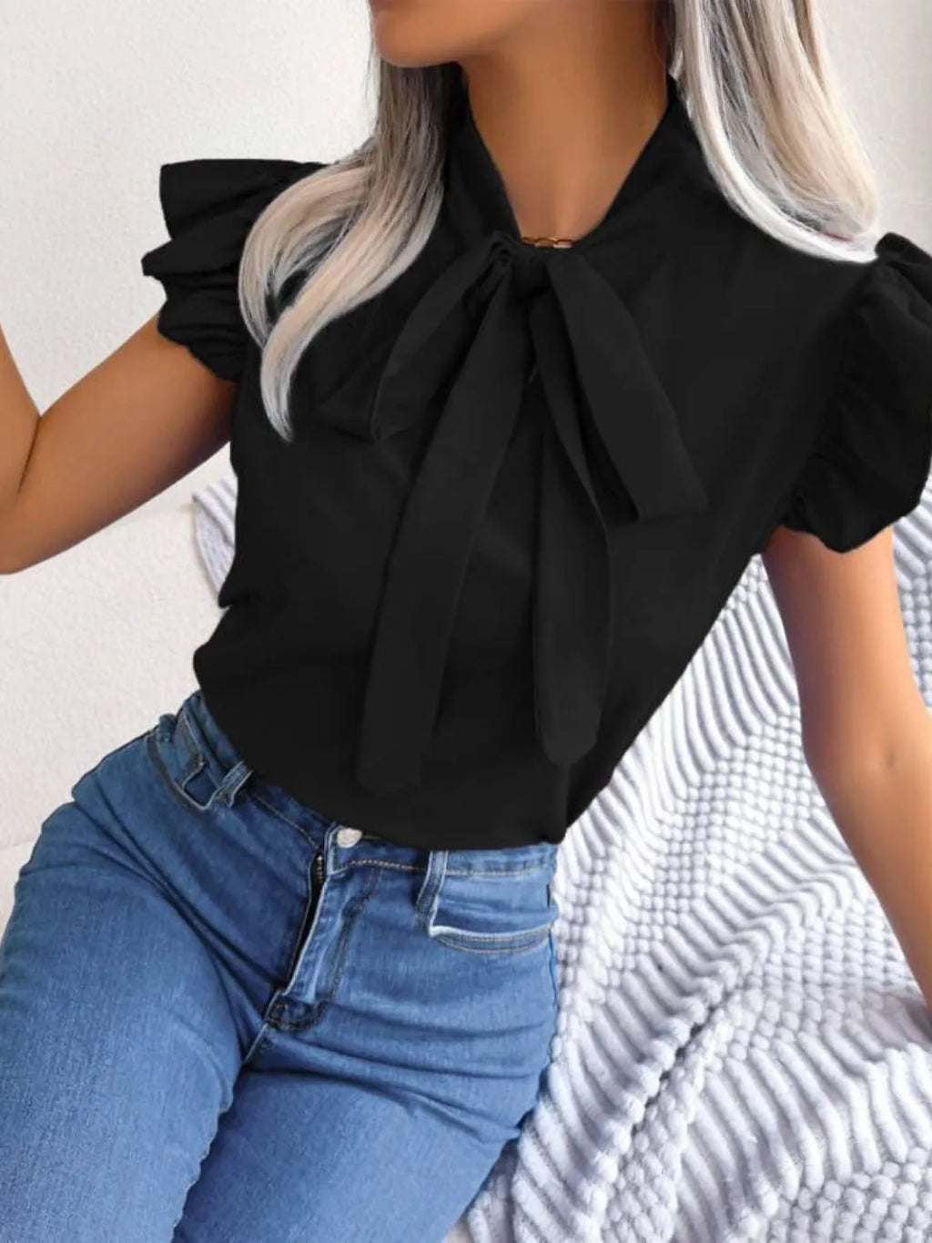 Women's Blouse Bow Tie Neck Ruffle Cap Short Sleeve Top 350a8fbe-e46f-46c2-a0cb-075313a2f301-Max-Origin Trendsi