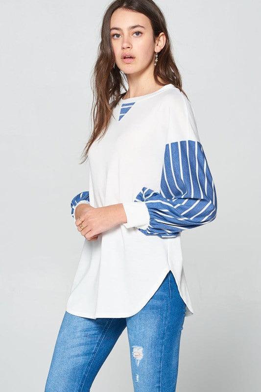Super Lady Women Blouse French Terry Striped Patch Long Sleeve Top 350ef72c-beeb-46ab-b48b-edd4cce5f843-Max Trendsi