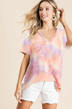 BiBi Tie Dye Cotton T-shirt French Terry V Neck Top Short Sleeve 35103af2f53342c7a68f4e88fea02418-Max-Origin Trendsi