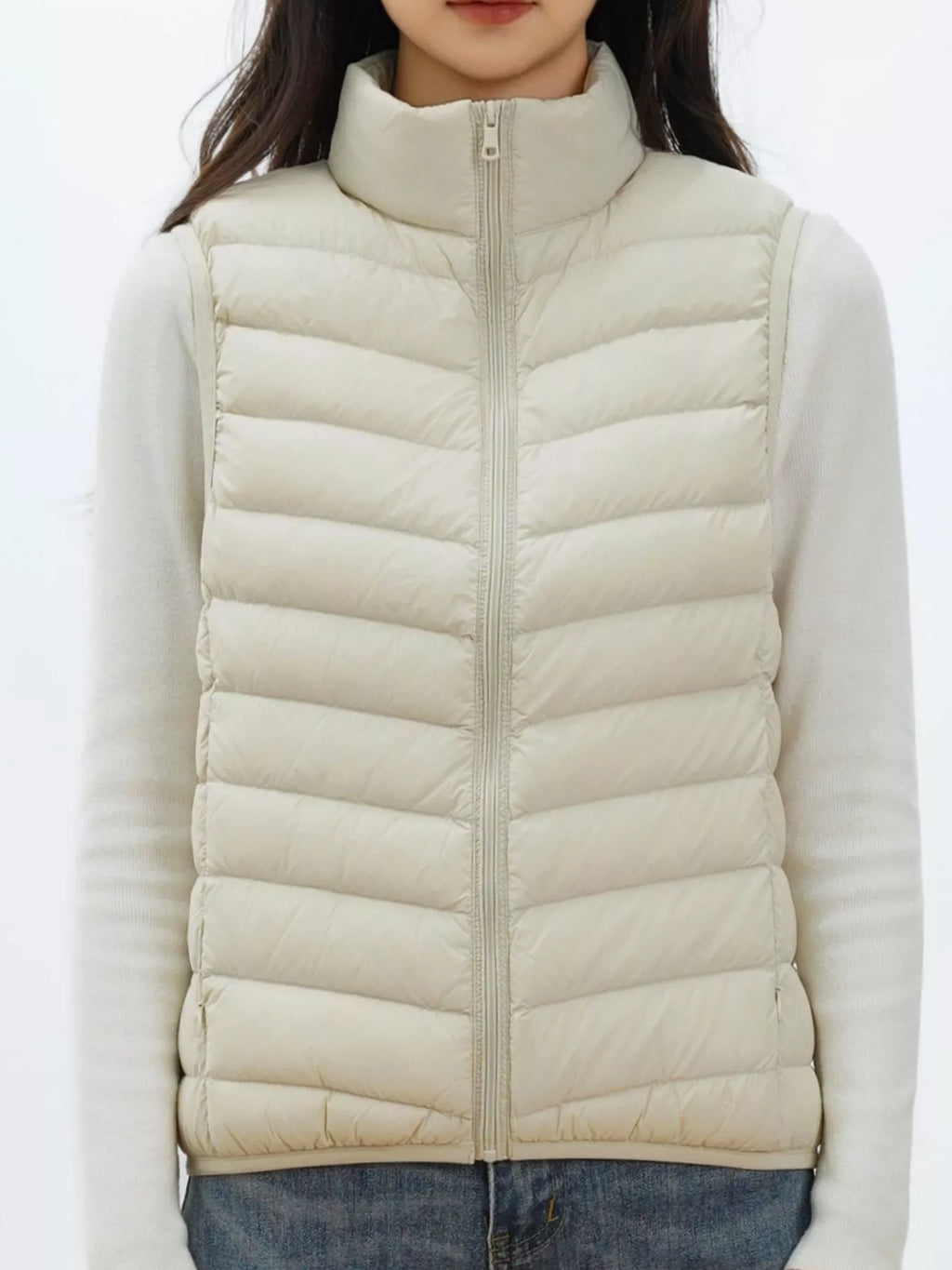 Women's Vest Coat Cream Quilted Zip Up Turtleneck Zipper 35128cd7-b08f-4ffb-9534-78ba52126e5e-Max-Origin Trendsi