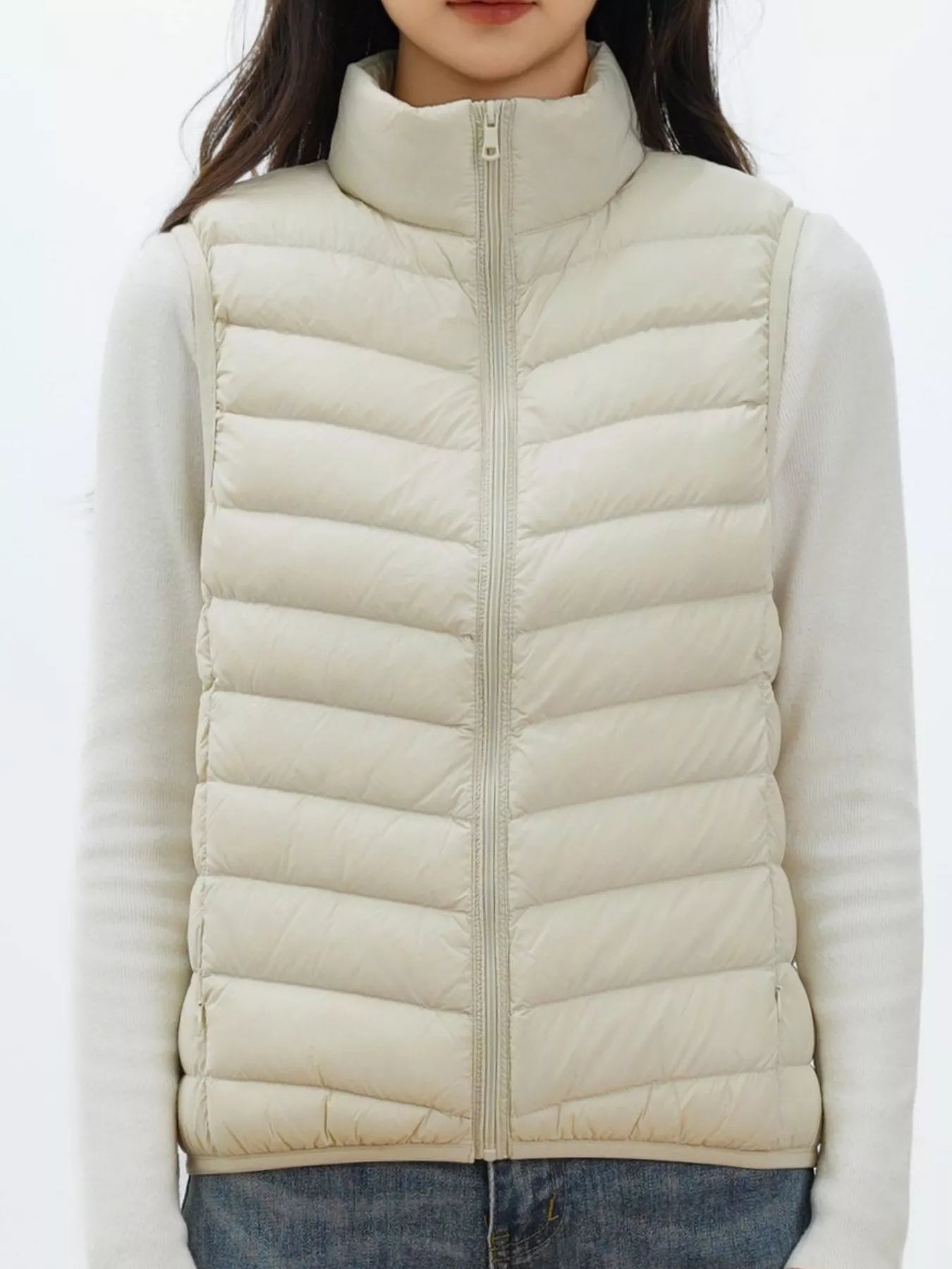 Women's Vest Coat Cream Quilted Zip Up Turtleneck Zipper 35128cd7-b08f-4ffb-9534-78ba52126e5e-Max-Origin Trendsi