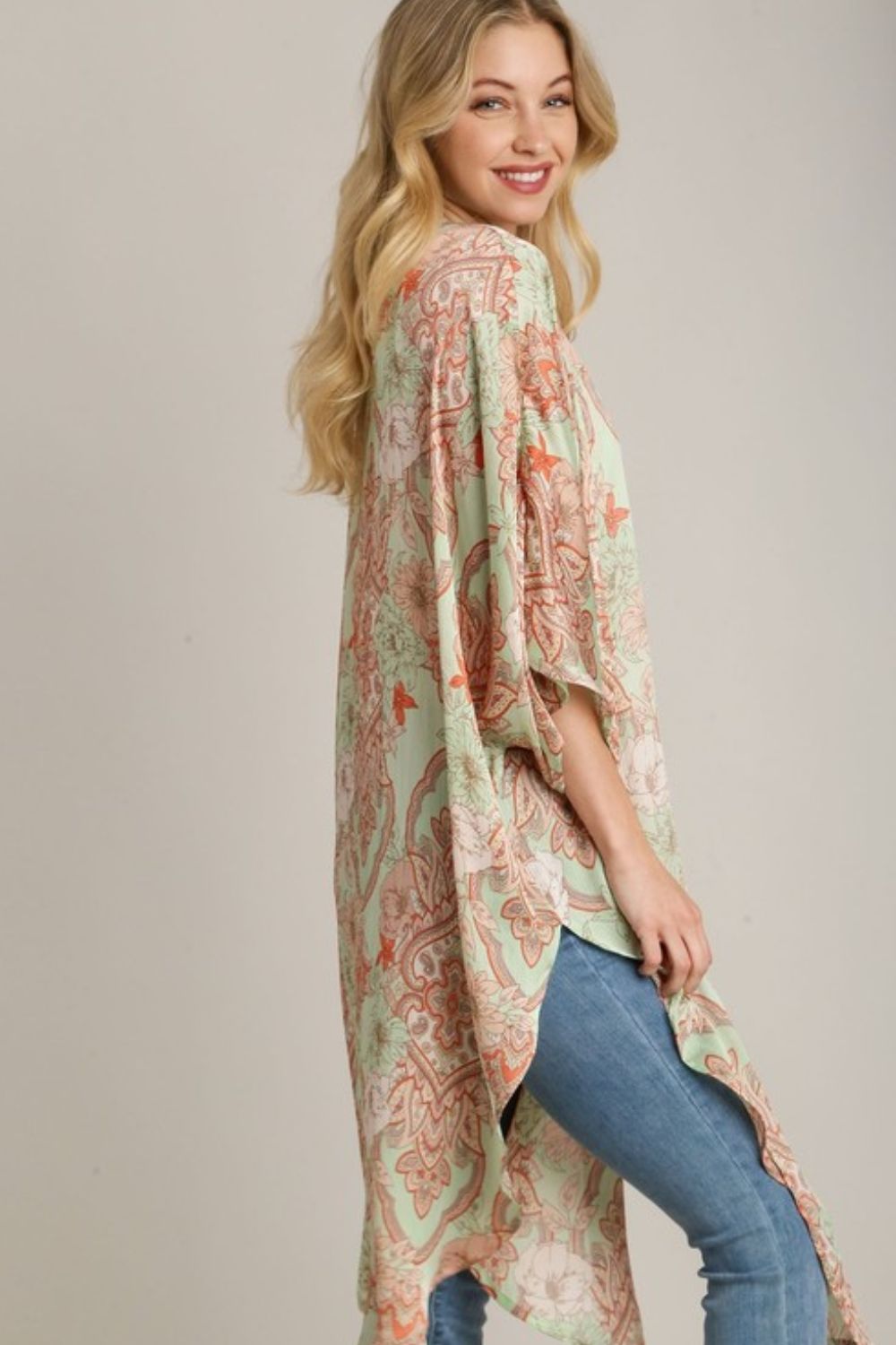 Umgee Kimono Floral Mixed Print Open Front with Ruffle Sleeves 351a388f-1309-4dce-9dac-adcdf5c38544-Max Trendsi