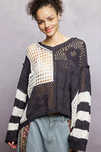 POL Womens Knit Top Black Color-Blocked Stripe Pattern with Twisted Weave CHARCOAL 351b78fe-0609-4152-adb3-d36a24e4e2bb-Max-Origin Trendsi