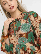 Umgee Women's Blouse Brown Floral Mix Peplum Ruffled with Tie Neck Top 3529bcecac1442aeaa0b913a907b6fd3-Max-Origin Trendsi