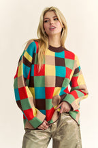 Checkered Color Block Sweater Davi & Dani Dropped Shoulder Long Sleeve 352b5e59-0293-41a5-b13a-ac1b79d8b11f-Max Trendsi