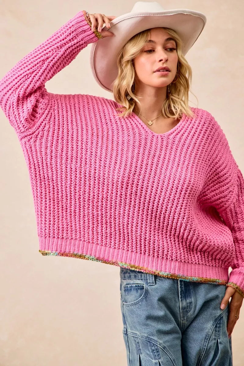 BiBi Womens V-Neck Sweater Pink with Colorful Trim 352ff3ba6b284c608902dc5336ef8c75-Max-Origin Trendsi