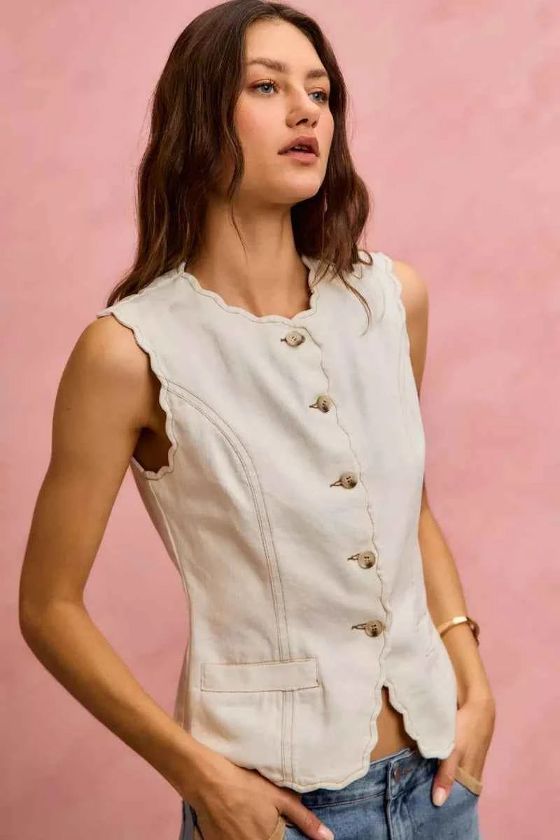 SO ME Scalloped Edge Cotton Twill Washed Vest Top