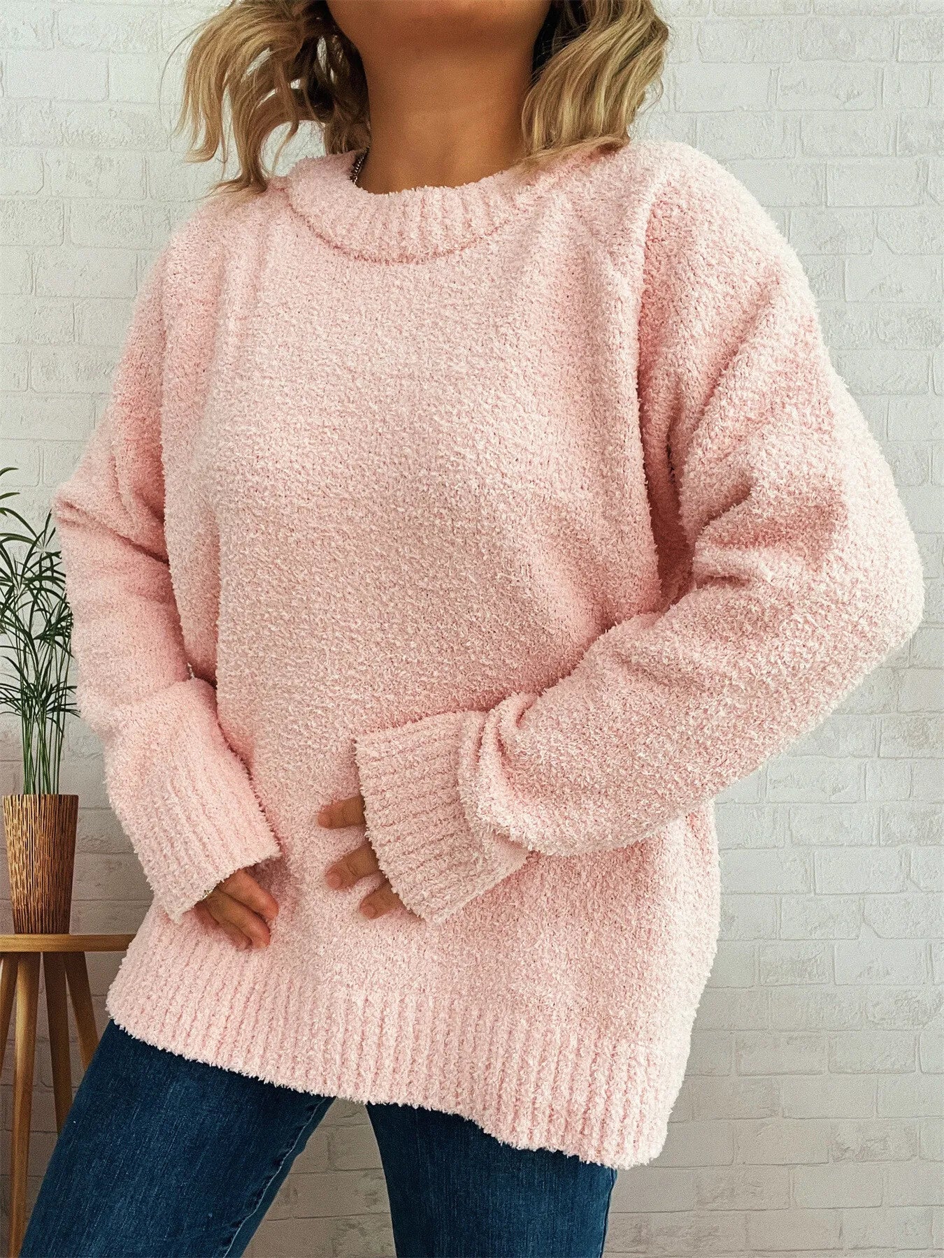 Women's Sweater Round Neck Raglan Sleeve Knit Pullover Pink One Size 353907373233468a8d85ba9c29c6375d-Max-Origin Trendsi