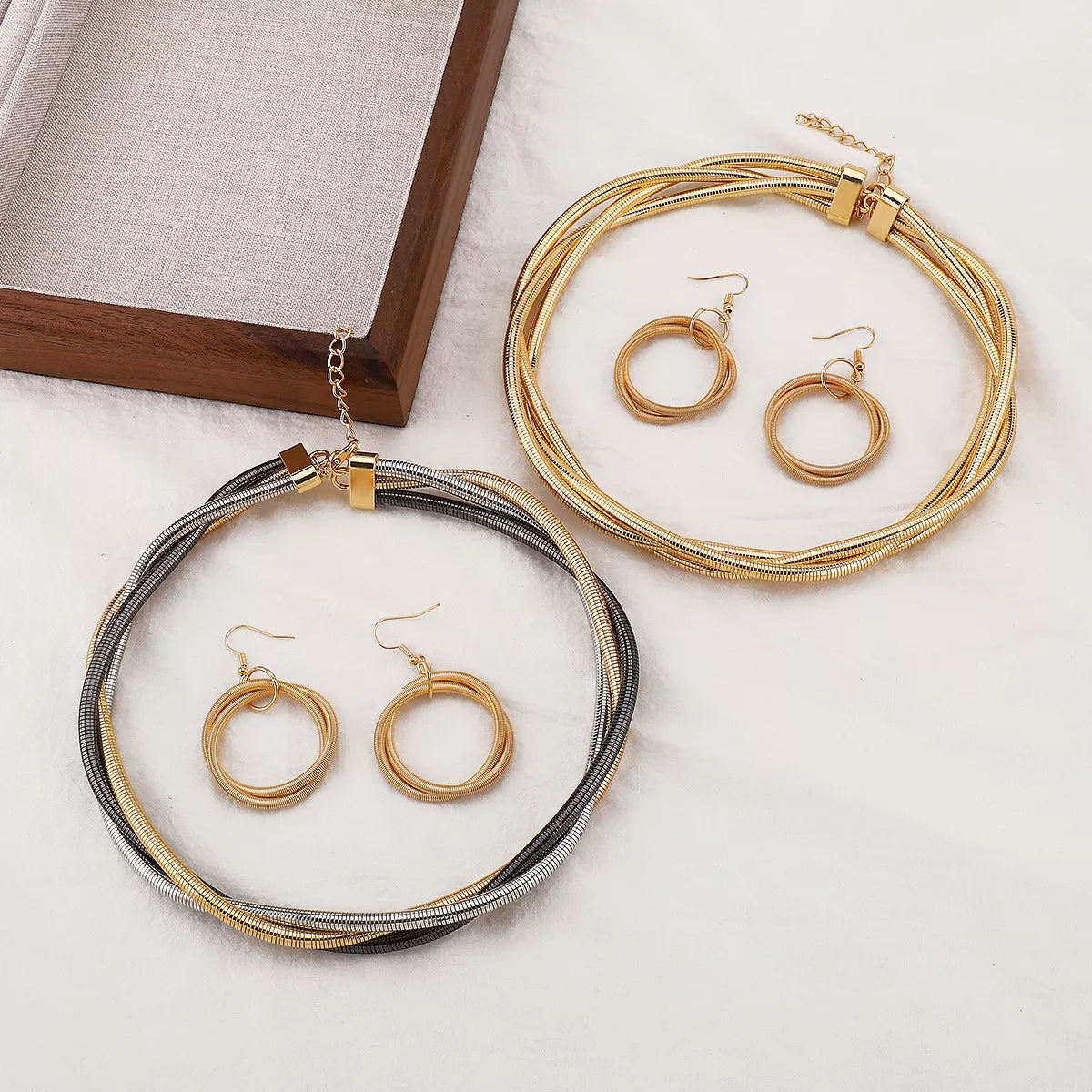 Womens Jewelry Set Multi-Layered Earrings and Necklace 18K Gold-Plated