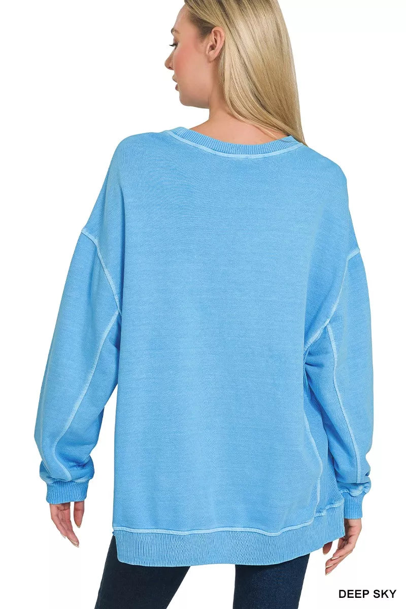 Zenana Womens Pullover Sky Blue French Terry Pigment Dye & Enzyme Washing