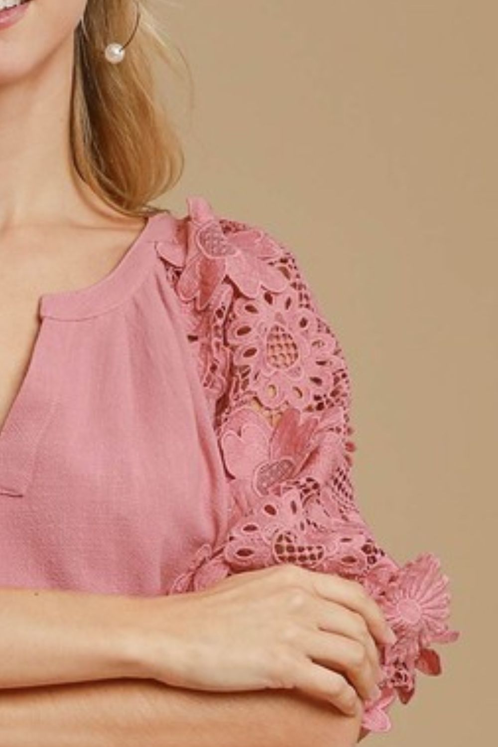 Umgee Linen Top Dusty Pink French Terry Boxy Cut Top with 3D Floral Short Sleeve 354c8892-c3fd-4436-a7d4-326f52adc603-Max Trendsi