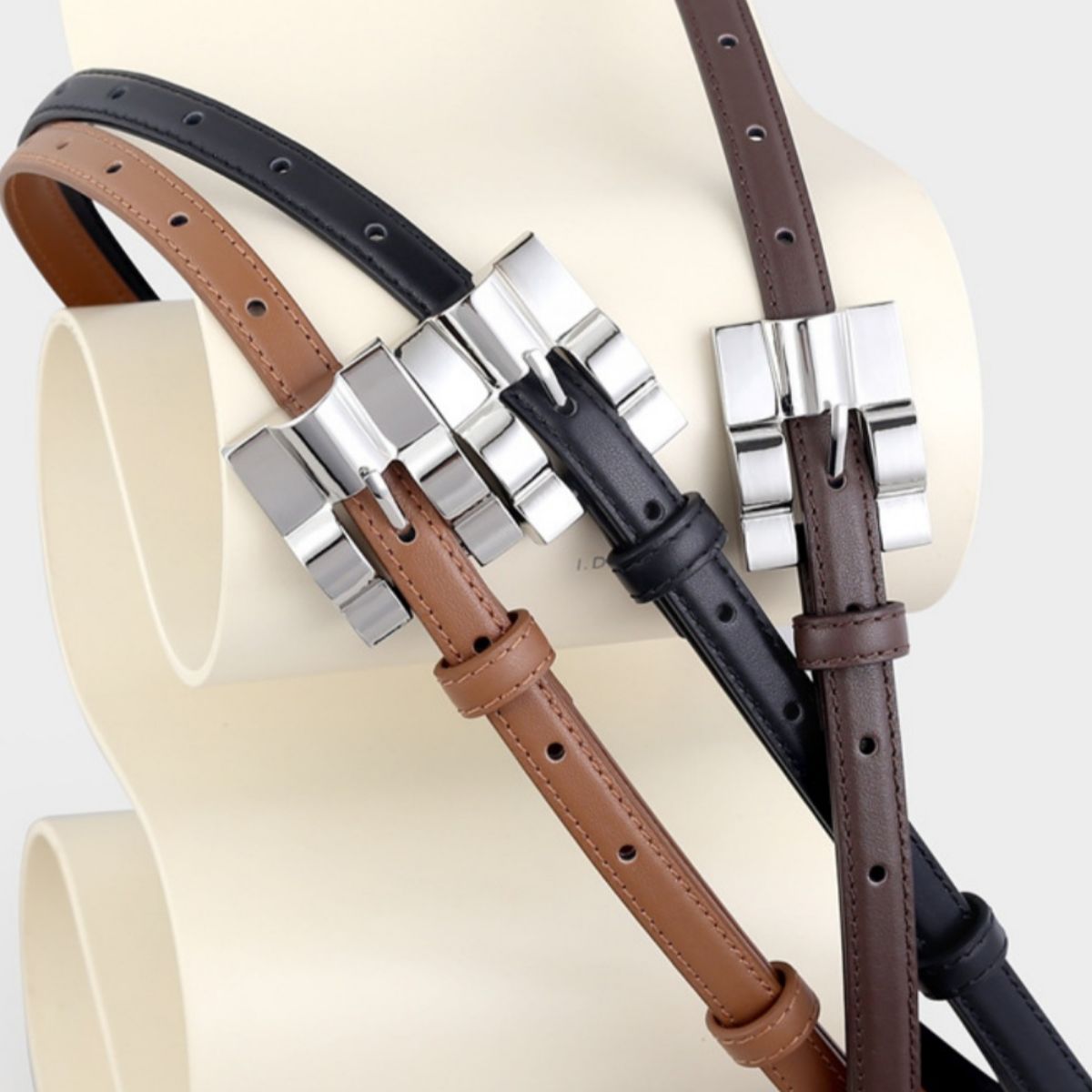 Slim Cowhide Leather Belt with Silver Buckle, One Size (39.4 inches in Length)
