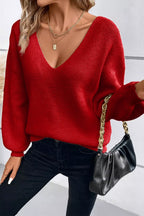 Womens Sweater Bow Knot Back Burgundy Red Lantern Sleeve V Neck Pullover 355e5a99-2147-4feb-98dc-f7d41f5f56ff-Max-Origin Trendsi