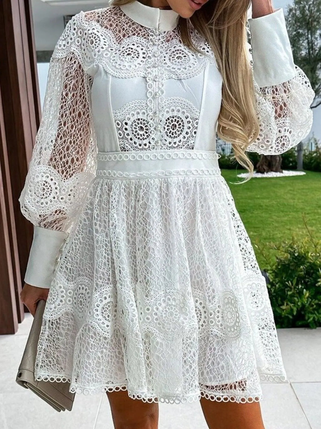 Mini Dress Floral Lace Lantern Long Sleeve Pearl Button High Neck Ruffled 3562bcb5-08d0-4df6-b127-6c5002e66626-Max-Origin Trendsi