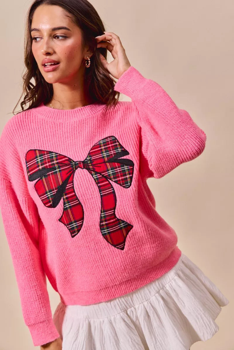 SO ME Womens Christmas Holiday Sweater Pink with Checker Plaid Ribbon 3564b2a950d14507b5939f776084bd24-Max-Origin Trendsi