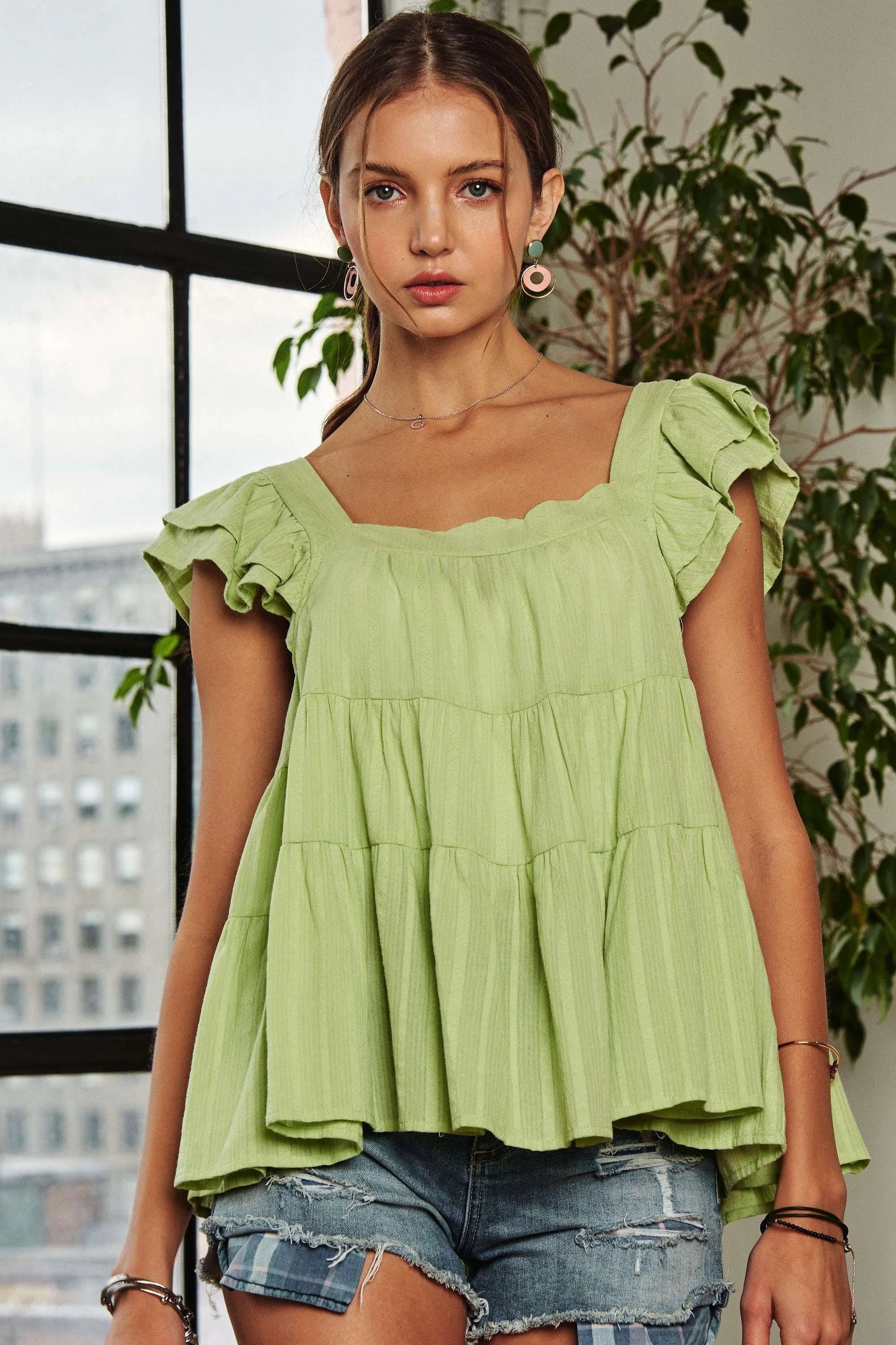 ADORA Ruffle Tunic Top Short Sleeve Babydoll Blouse