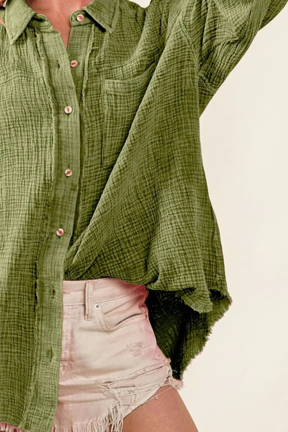 BiBi Shirt Raw Edge Detailed Mineral Washed Loose Fit Olive Oversized Top 357d02f9-2891-48a1-8b36-cb4db3eb626e-Max-Origin Trendsi