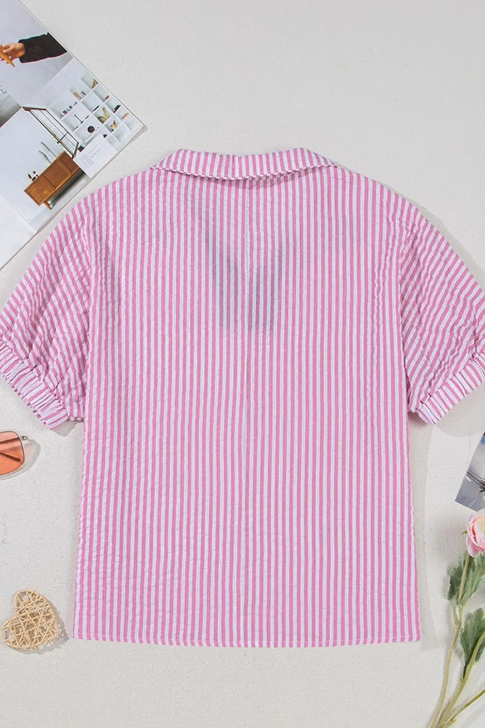 Women's Blouse Striped Print Contrast Split Neck Dolman Short Sleeve 357d0895-c49c-41cc-b167-424282424b5a-Max-Origin Trendsi