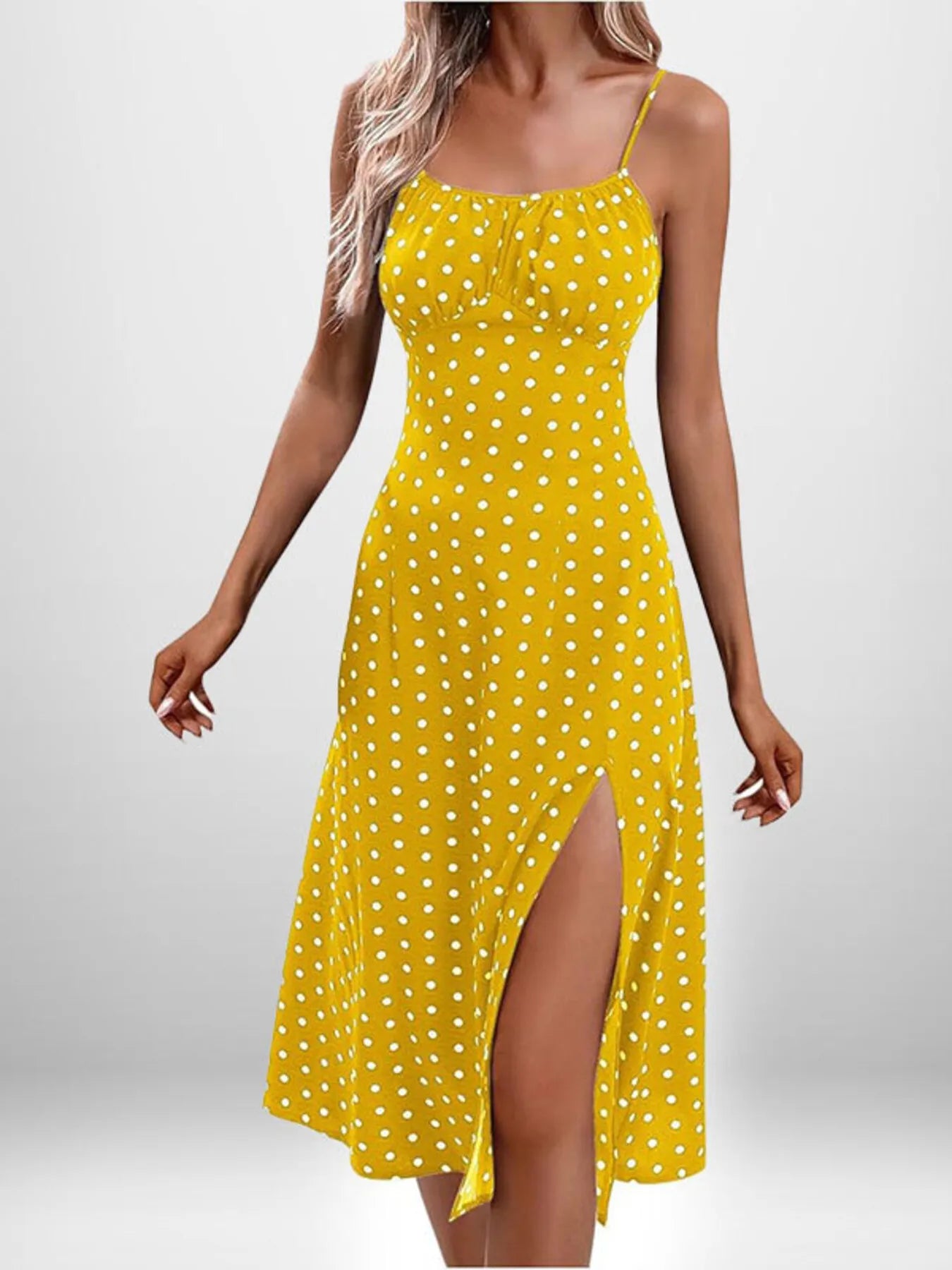Cami Midi Dress Floral Polka Dot Printed Side Slit Tied Strappy Dresses Yellow Dot 357d788779744257b1cca7bdd15f4c41-Max-Origin Trendsi