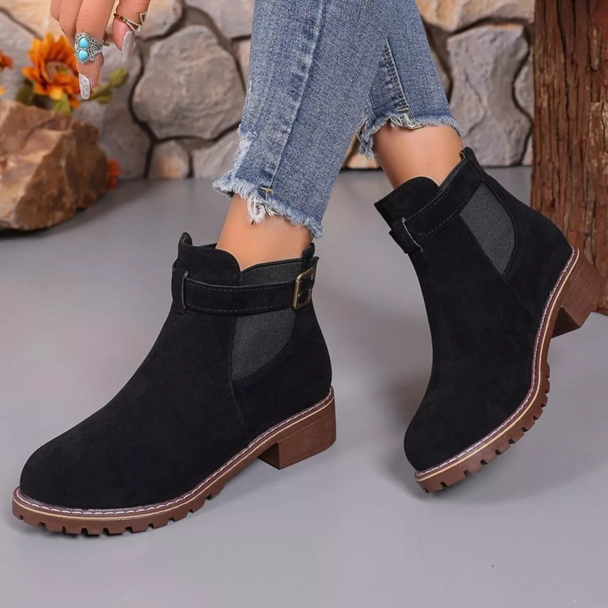 Women's Ankle Boots Round Toe Block Mid Heels Shoes 35800eda8b3c40d59a632665d93833aa-Max-Origin Trendsi