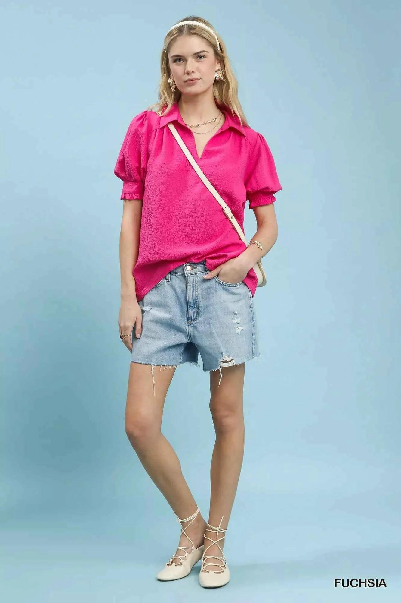 Umgee Seersucker Puff Sleeve Blouse