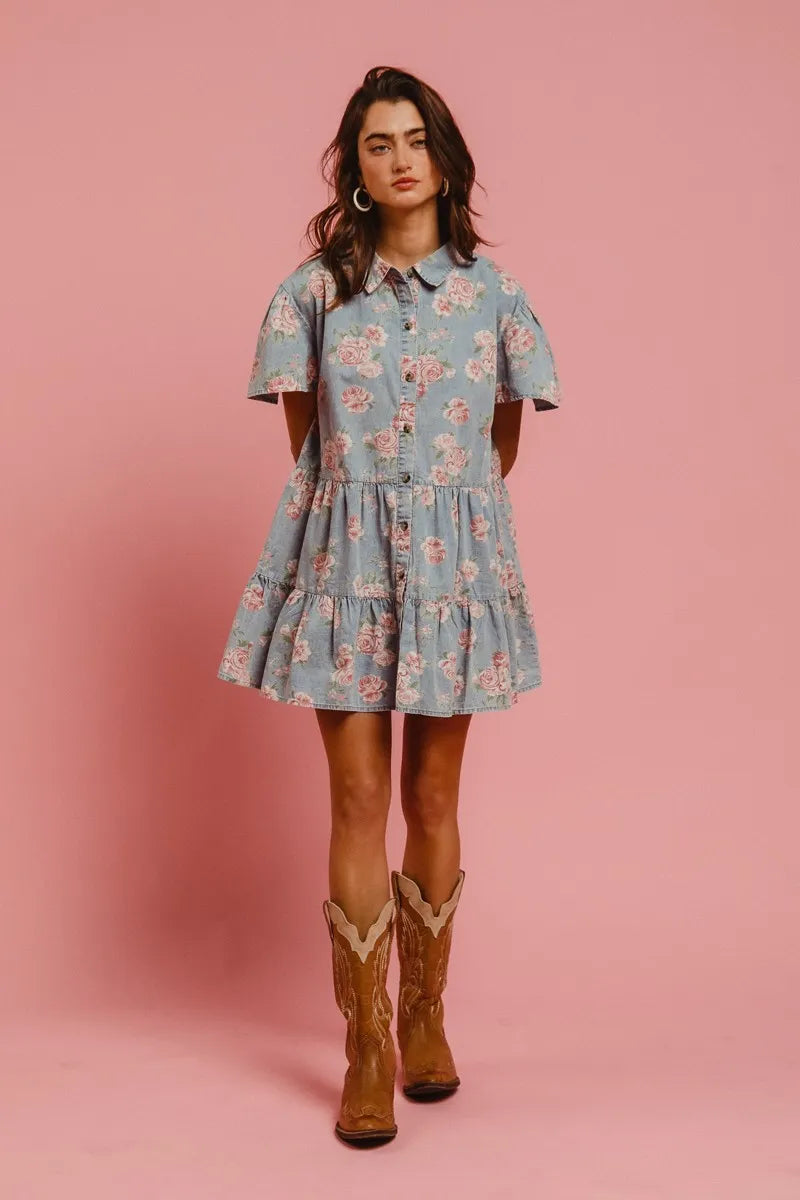 BiBi Shirt Dress Ruffle Light Denim Floral Print Washed Lightweight Tiered 358b116b9d164bc2a14cd0ce3c68e7dd-Max-Origin Trendsi
