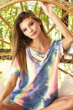 BiBi Tie Dye Women T-shirt Terry V Neck Top With Double Strap Top 358eb49bc32f40cebb603540b641a071-Max-Origin Trendsi
