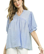 Umgee Textured Lace Trim V-Neck Boho Blouse with Short Flutter Sleeves