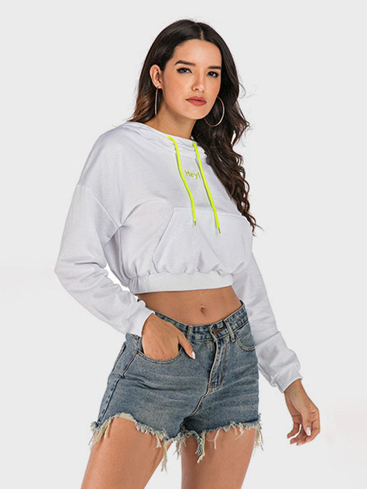 Perfee Cropped Hoodie Drawstring Hood Letter Long Sleeve Top