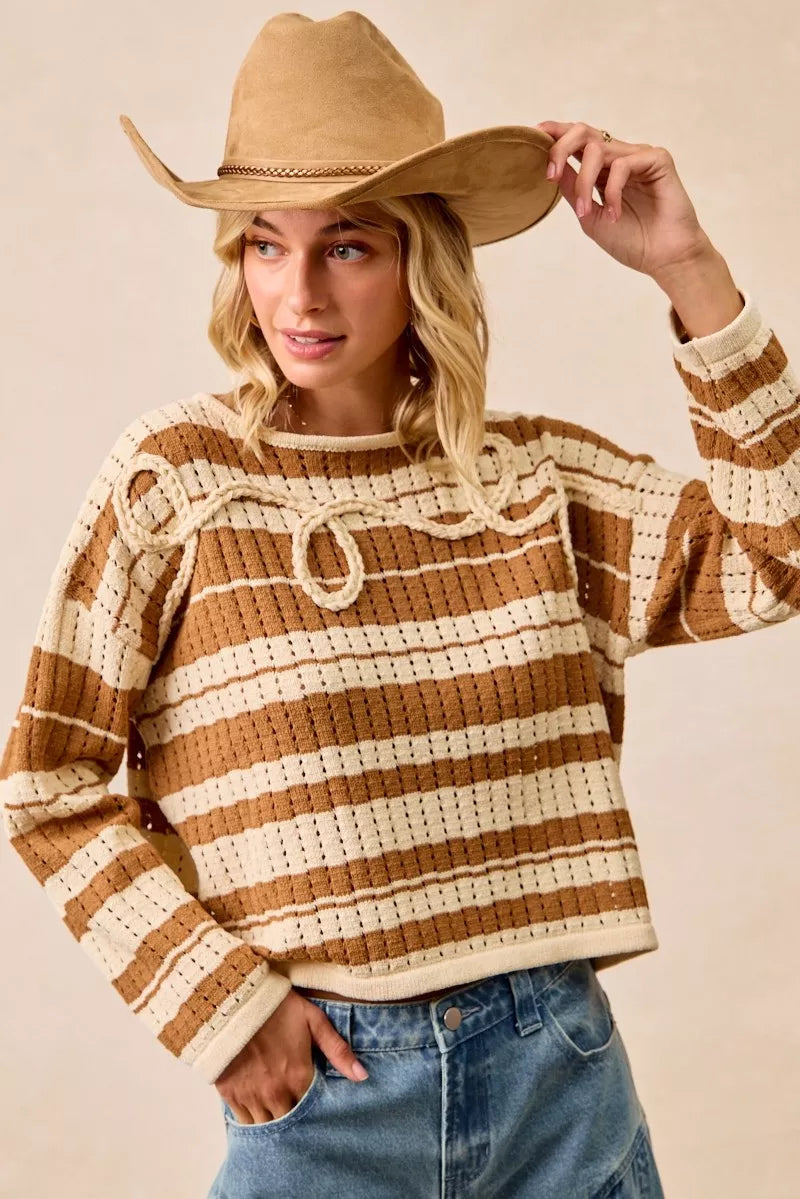 BiBi Womens Brown Striped Open Knit Sweater Top with Front Braided Detail 359629c5509c4bfb9fa6b678f72469cc-Max-Origin Trendsi