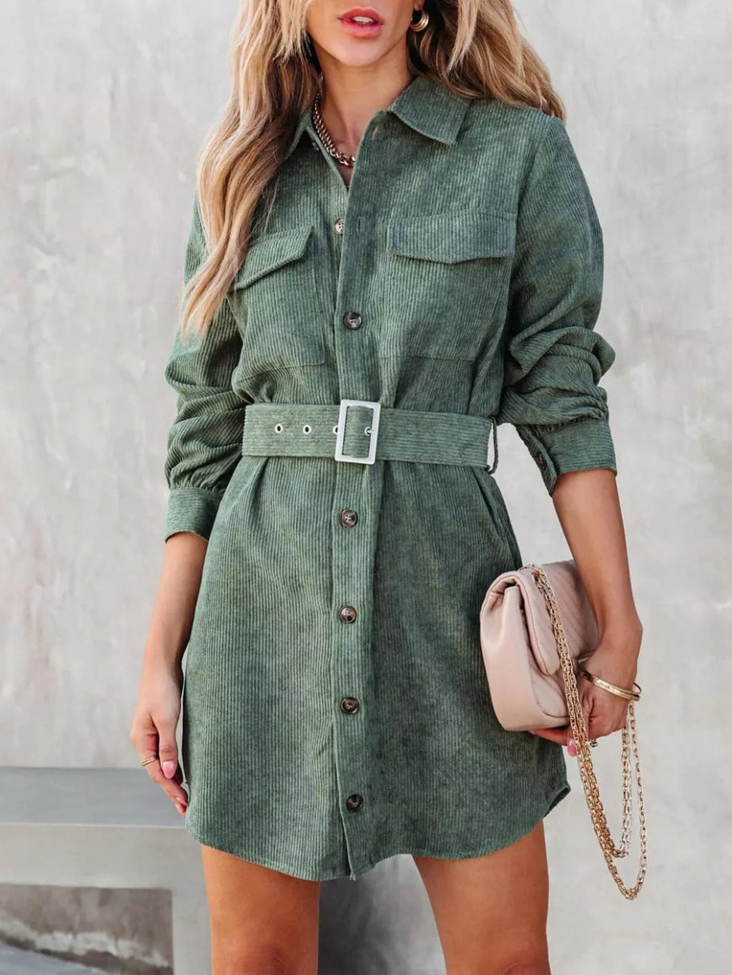 Corduroy Mini Shirt Dress Button Front Belt Long Sleeve Green 359850e0148f4082885e9b5ce212cec1-Max-Origin Trendsi