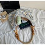 Women's Beach Crochet Shoulder Bag Medium Wave Knit Woven Blue Handbag