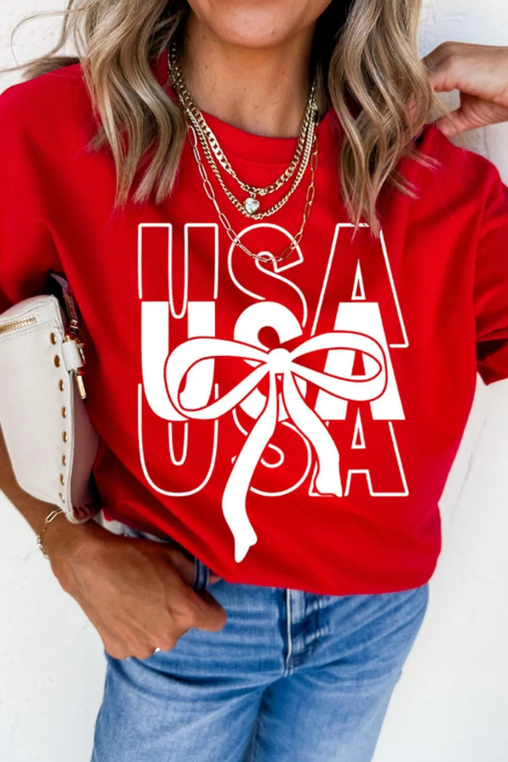 Women's T-Shirt Patriotic USA Bow Graphic Print Red Short Sleeve Top Tees 35a6bcef-da27-4a1e-abe4-fcaa03e09542-Max-Origin Trendsi