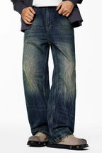 Men's Plus Size Wide Leg Full-Length Washed Jeans