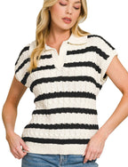 Zenana Textured Stripe Polo Collar Sweater Vest