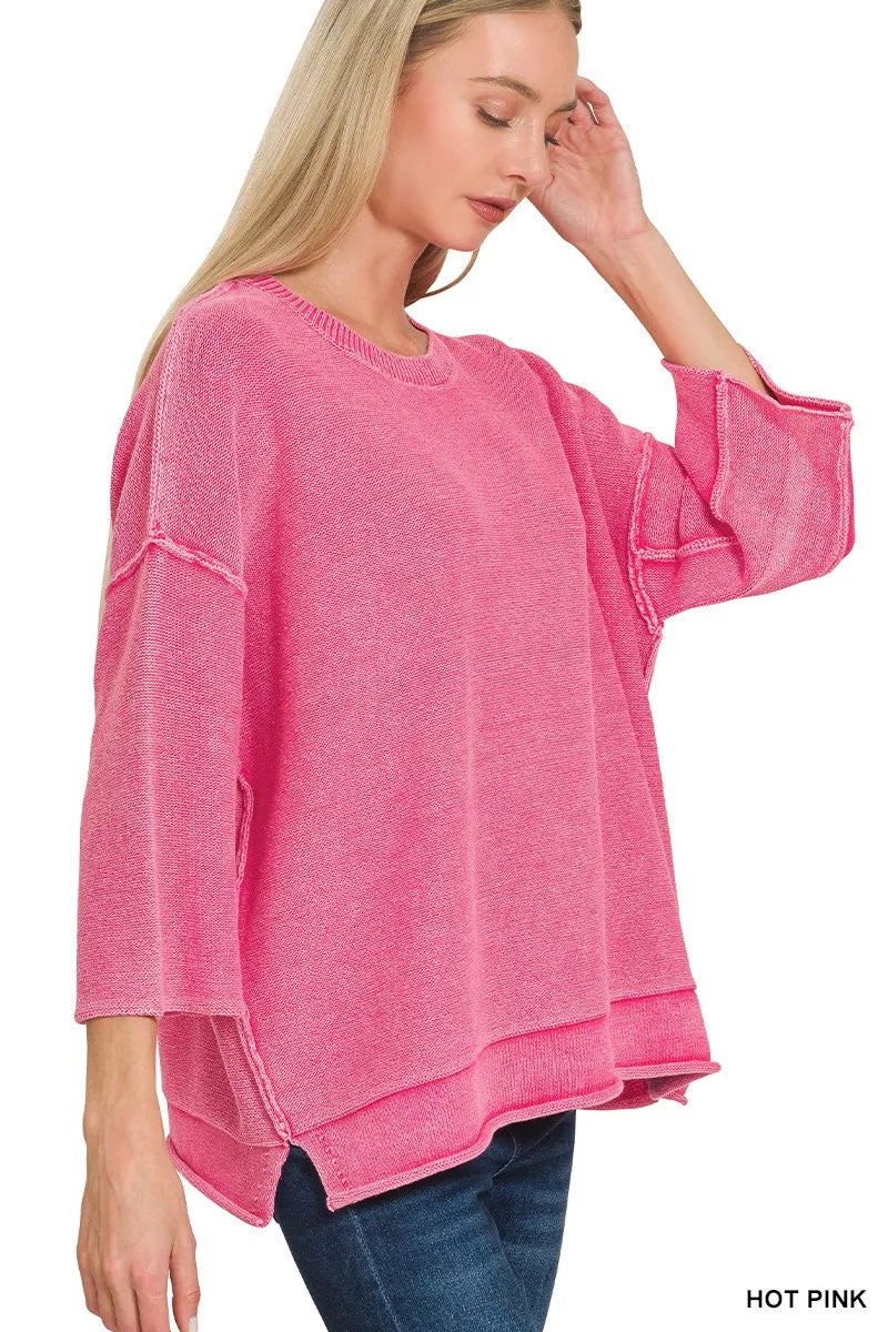 Zenana Womens Boxy Sweater Hot Pink Washed 3/4 Sleeve Top 35aca266b87f4b53ab72c207b644f399-Max-Origin Trendsi