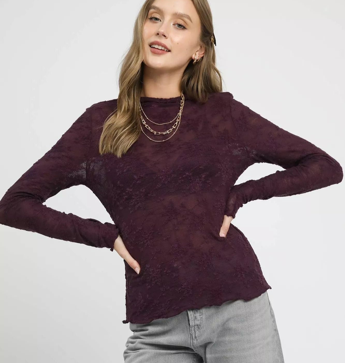 Umgee Women's Blouse Lace Sheer Plum Long Sleeve Top PLUM 35ba35ae-6890-4bf8-85f4-5db1f2126553-Max-Origin Trendsi