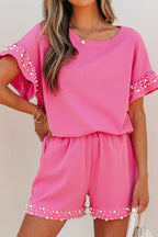 Outfit Set Pink Wpmen's Pearl Ruffled Embellished Top and Shorts Set Pink 35bbb8d4-08c9-455a-b1b2-fe2509acfe4d-Max-Origin Trendsi