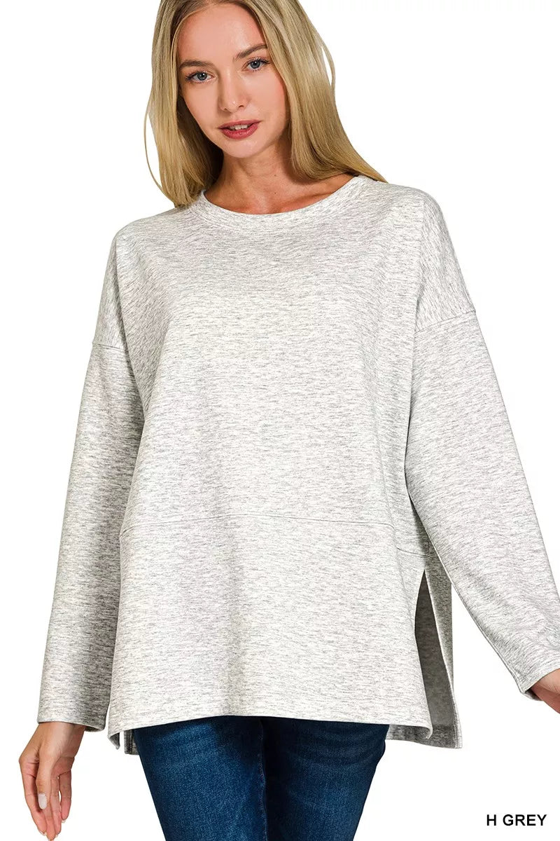 Zenana Womens Outfit Set Light Gray Scuba Side Slit Long Sleeve Top and Pants 35be7bd5b3d1466bae14ebaebb52037a-Max-Origin Trendsi