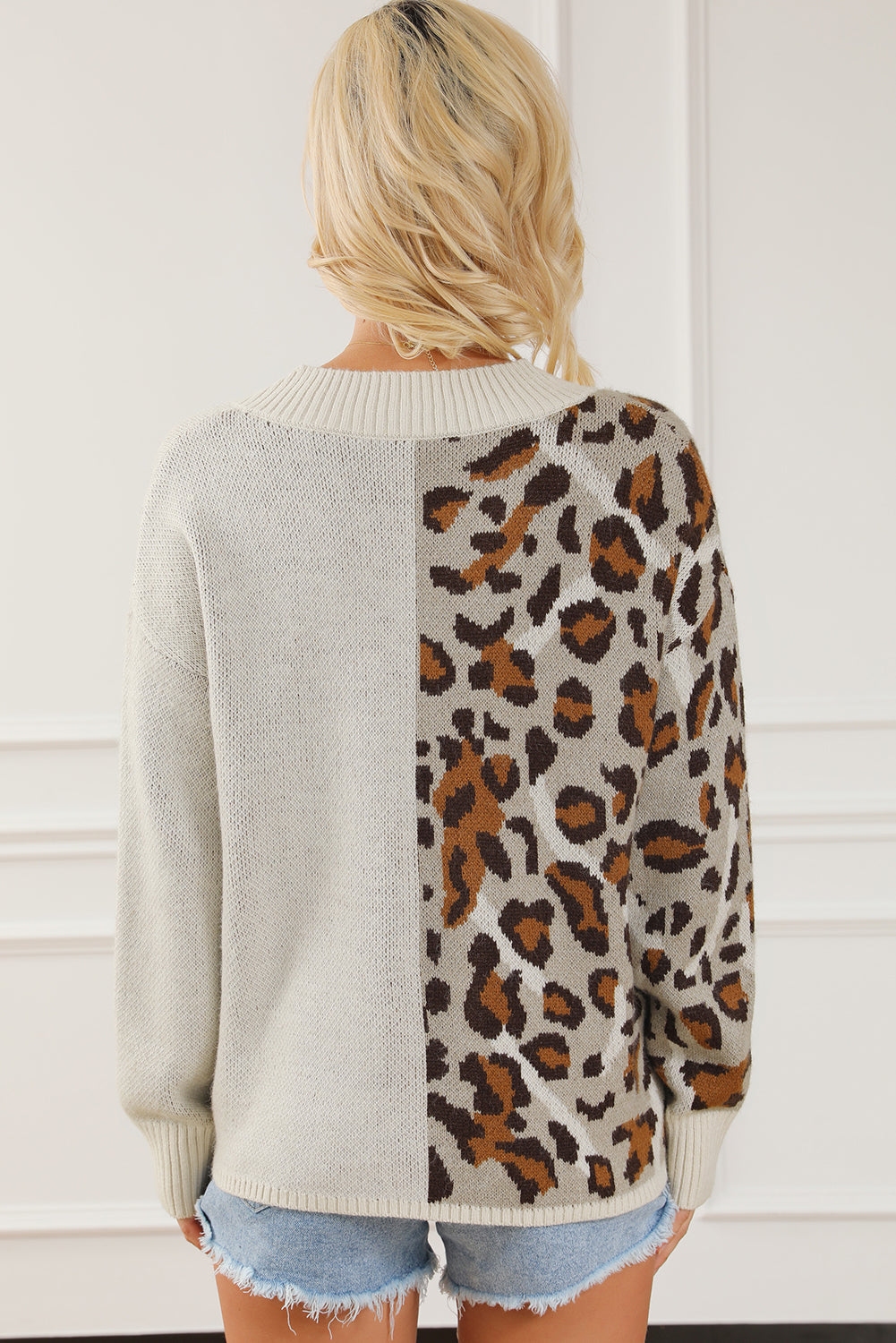 Women Sweater Half Leopard V Neck Long Sleeve Soft Knit Pullover 35c8ffe2721045a2996e6423c961e12c-Max Trendsi