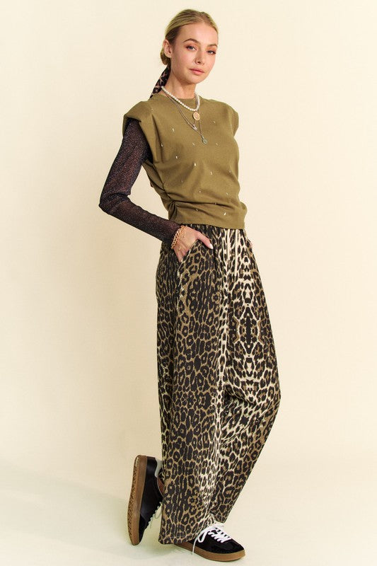 Davi & Dani USA Women Pants Leopard Wide Leg Elastic Waist Tied Pocketed