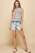 Lime 'N' Chili Top Floral Graphic Print Ruffle Trim Mock Neck Sleeveless 35d6cb9f-55ec-4700-84d6-cc04d192454f-Max-Origin Trendsi
