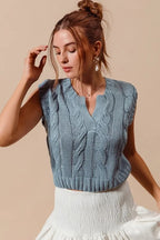 SO ME Sweater Vest Cable Knit Notched Neck Denim Gray Knit Top 35db2c15aed144b6a1f4ab16837b284b-Max-Origin Trendsi