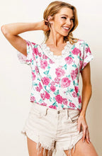 BiBi T-shirt Floral Rose Printed Poly Span Fuchsia Pink with Crochet Lace Top 35e3882817de4ba4bd6137e297b4bac8-Max-Origin Trendsi