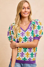 BiBi Women V Neck Knit Top Mardi Gras Fleur De Lis Patterned Short Sleeve 35f8e28b1fa24a73a00eb7924263d6a0-Max-Origin Trendsi