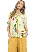Umgee Button-Down Blouse with Botanical Print and Contrast Trim