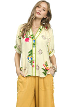 Umgee Button-Down Blouse with Botanical Print and Contrast Trim