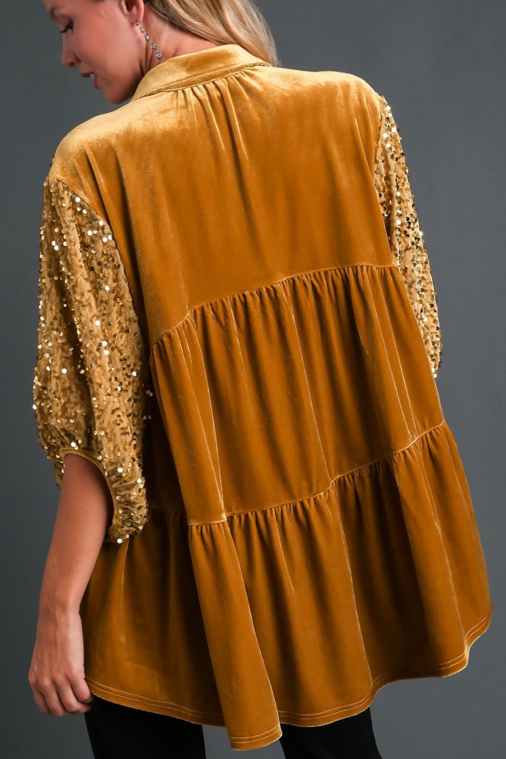 Umgee USA Sequin Shirt Mustard Tiered Back Half Sleeve Babydoll Ruched